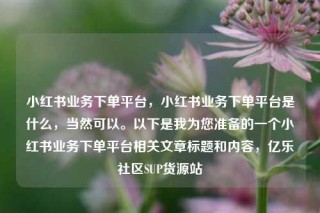小红书业务下单平台，小红书业务下单平台是什么，当然可以。以下是我为您准备的一个小红书业务下单平台相关文章标题和内容，亿乐社区SUP货源站