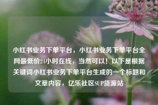 小红书业务下单平台,小红书业务下单平台全网最低价24小时在线,当然可以!以下是根据关键词小红书业务下单平台生成的一个标题和文章内容,亿乐社区SUP货源站